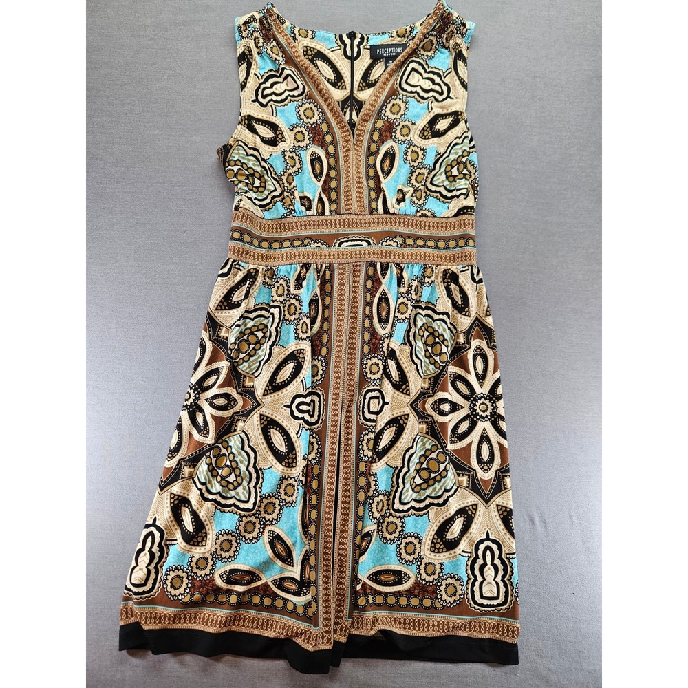 Perceptions New York Paisley Medallion V-Neck Empire Waist A-Line Dress Blue